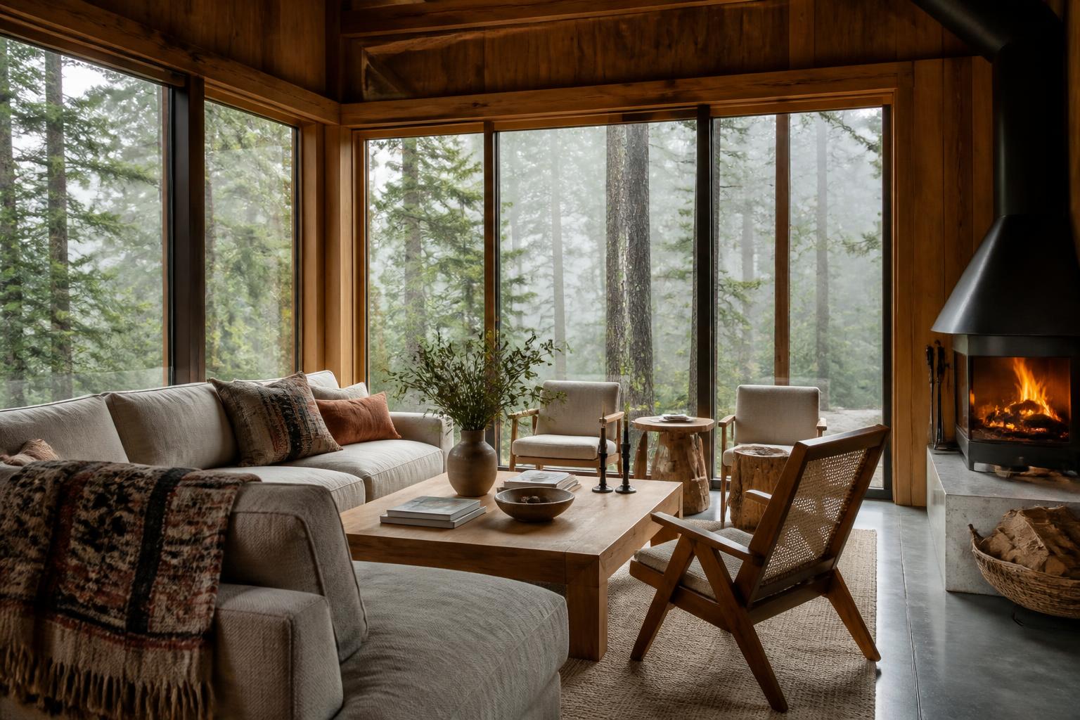 Sala con chimenea y vista al bosque
