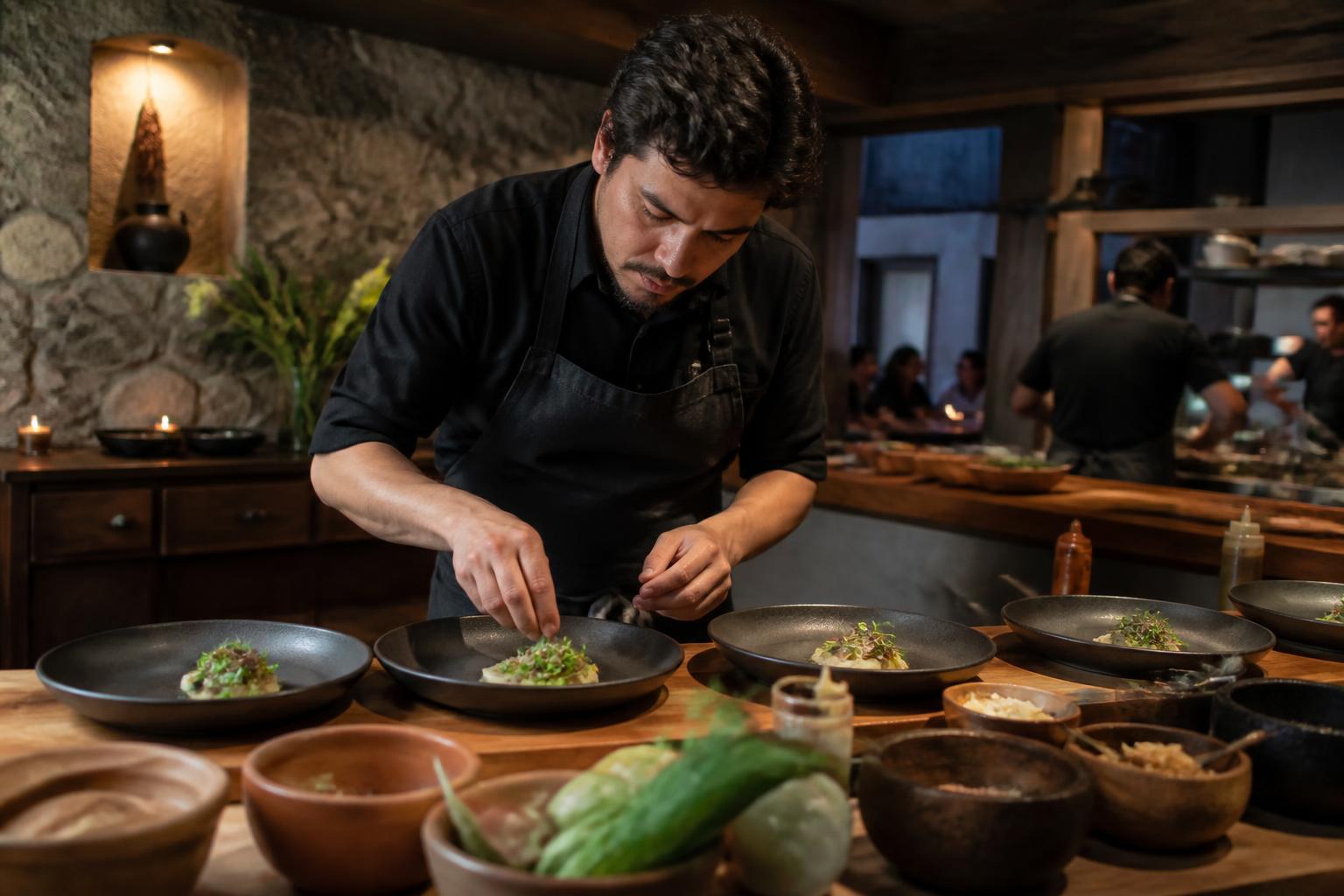 Chef preparando la cena degustación