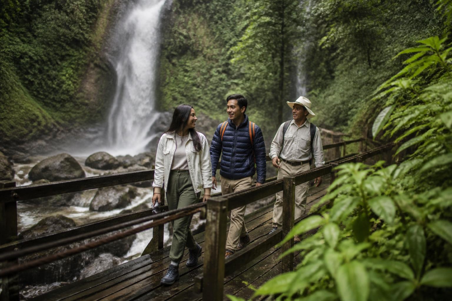 Viajeros con guía junto a las cascadas