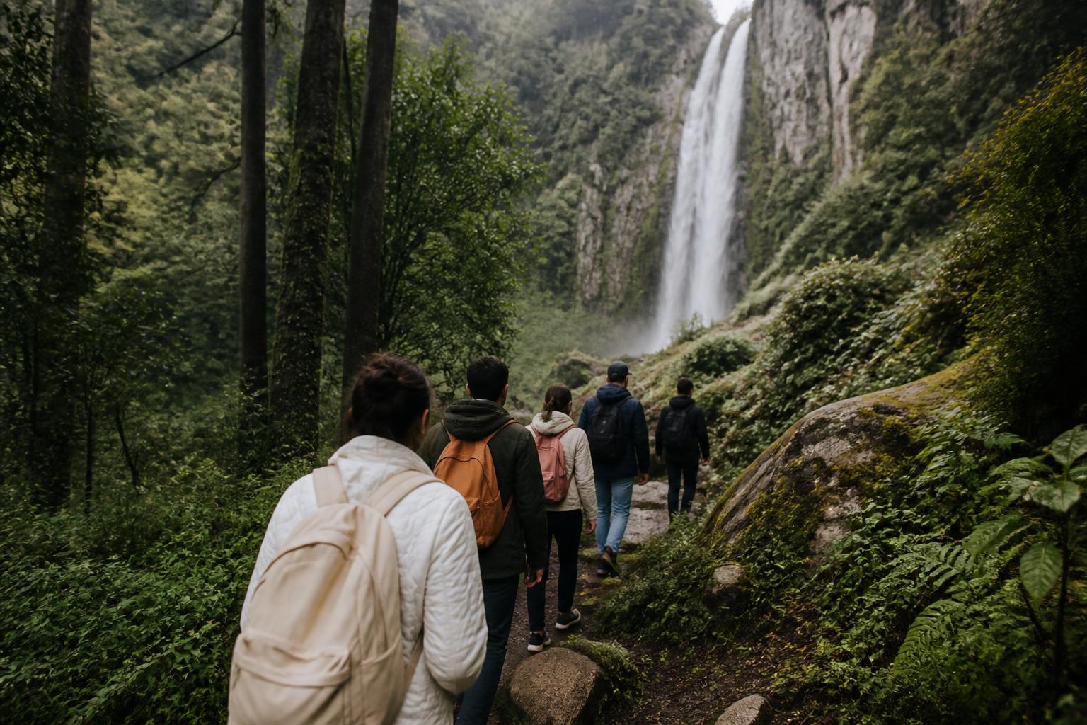 Grupo caminando hacia la cascada